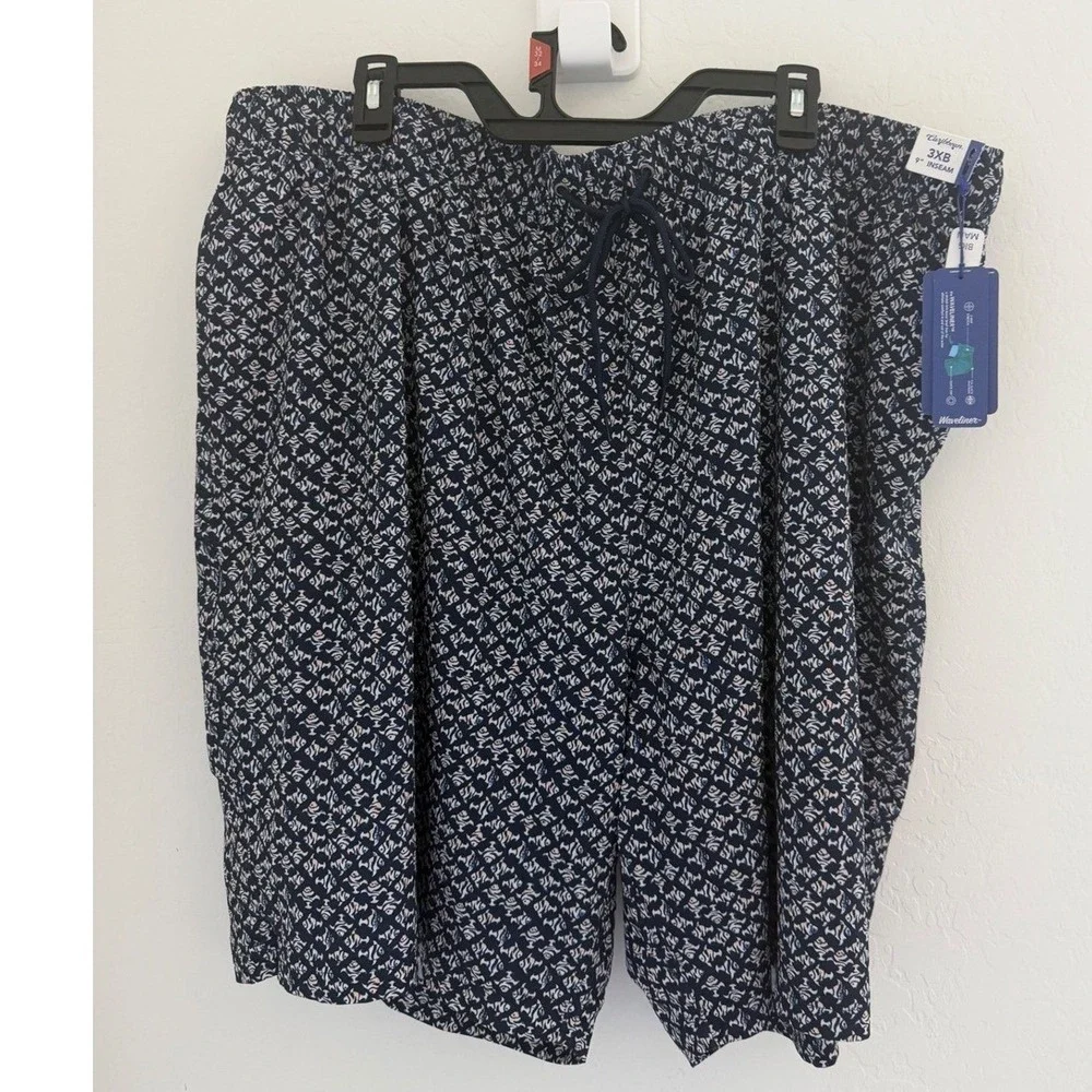 NWT Caribbean Joe Mens Navy Blue Geometric Print Board‎ Shorts Swim Trunks 3XB
